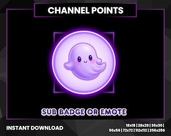 May include: A digital graphic featuring a purple cartoon ghost with a smiling face, inside a glowing circle. Text at the top reads "CHANNEL POINTS" and at the bottom "SUB BADGE OR EMOTE". The background is black.