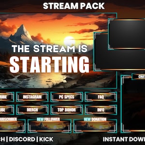 Puede incluir: Una ilustración digital de un paquete de transmisión para Twitch, Discord y Kick. El paquete incluye una variedad de elementos, como un cuadro de chat, un botón de suscripción y una notificación de nuevo suscriptor. El fondo es un paisaje escénico con una cordillera y una puesta de sol.