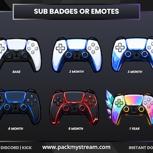 Pode incluir: Um conjunto de seis ícones de controle de jogo digitais rotulados como SUB BADGES OR EMOTES. Os controles apresentam designs variados, incluindo branco, cristal azul, preto com luz azul, preto com luz vermelha e uma versão de cristal arco-íris com asas.