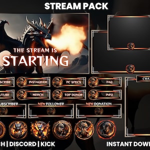 May include: A stream pack with a black and orange dragon design. The pack includes a variety of overlays, panels, and alerts for Twitch, Discord, and Kick. The text "STREAM PACK" is at the top of the image. The text "THE STREAM IS STARTING" is in the center of the image. The text "TWITCH | DISCORD | KICK" is at the bottom left of the image. The text "INSTANT DOWNLOAD" is at the bottom right of the image.