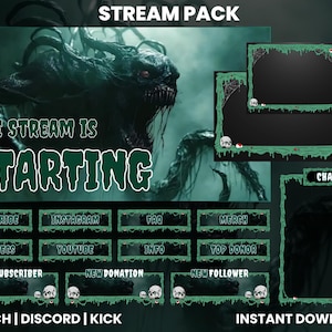 Op de afbeelding: Een groen en zwart Twitch-streampakket met een monsterafbeelding en de tekst "De stream start". Het pakket bevat een chatbox, een melding voor nieuwe abonnees, een melding voor nieuwe donaties, een melding voor nieuwe volgers en andere panelen voor sociale media, FAQ, merchandise en topdonateur.