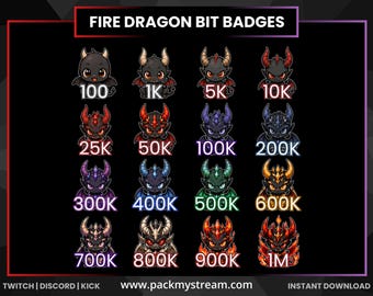 Fire Dragon Bit Badges for Twitch Kick Discord | Cute Pixel Art Dragon Streamer Rewards