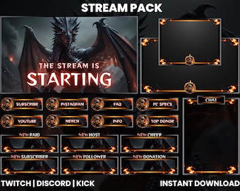 Fully Animated Fire Dragon Stream Pack | Animated Overlays | Animated Alerts | Animated Chat Overlay | Black Fire Dragon | Fire Overlay