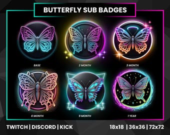 Butterfly Twitch Sub Badges Pack | Butterfly Twitch Bit Badges | Twitch Badges | Butterfly Sub Badges | Neon Bit Badges | Twitch Sub Badges
