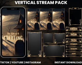 May include: A digital stream pack with a spooky theme. The pack includes a phone screen with the text "The Stream Is Starting", and various overlay elements with text like "Subscribe" and "Twitch". The overall design features a haunted house and graveyard.