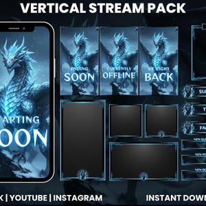 May include: A digital streaming pack with a fantasy theme. The pack includes a phone screen with a dragon graphic and the words "Starting Soon". Additional panels display "Ending Soon", "Currently Offline", and "Be Right Back". Social media buttons are also included.
