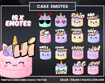 Cake Emotes | Cute Unicorn Cake Stream Emotes for Twitch Discord Kick TikTok | Kawaii Streamer Emote Pack | Fun Chat Reactions