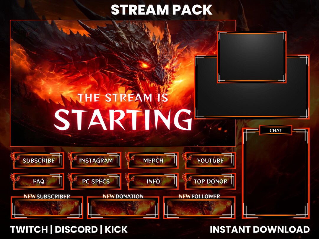 Dragon Twitch Stream Pack | Twitch Screen Overlays | Animated Webcam ...