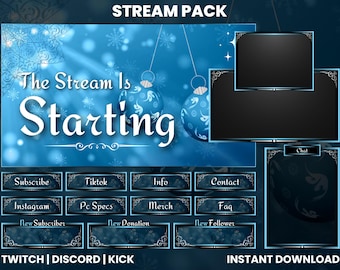 Puede incluir: Un paquete de superposición de transmisión de Twitch de temática invernal azul y blanca con fondo negro. La superposición incluye una pantalla de inicio, un cuadro de chat y un conjunto de botones para suscribirse, seguir y donar. El texto "The Stream Is Starting" se muestra en la pantalla de inicio. El texto "TWITCH | DISCORD | KICK" se muestra en la parte inferior de la superposición. El texto "INSTANT DOWNLOAD" se muestra en la parte inferior derecha de la superposición.