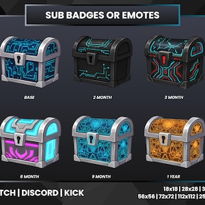 Peut inclure: Illustration numérique de six coffres au trésor avec des motifs géométriques lumineux de différentes couleurs. Les coffres sont étiquetés pour différentes périodes d'abonnement, avec du texte en bas indiquant la compatibilité avec Twitch, Discord et Kick.