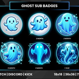 May include: A set of six blue ghost-themed sub badges for Twitch, Discord, and Kick. Each badge features a different design, including a smiling ghost, a ghost with a question mark, and a more menacing ghost. The sizes are 18x18, 36x36, and 72x72 pixels.