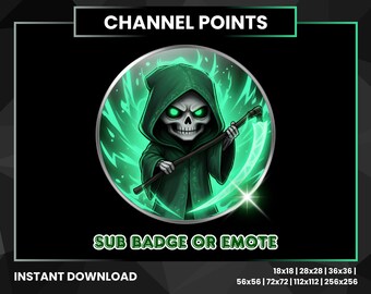 Green Grim Reaper Twitch Emotes - Chibi Reaper Channel Points, Scythe Sub Badges, Spooky Streamer Emote, Dark Fantasy Graphics - 7 Sizes