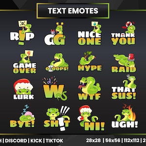 以下が含まれることがあります： 「RIP」「GG」「Nice One」「Thank You」「Game Over」「Oops」「Hype」「Raid」「Lurk」「WTF」「That Sus」「Bye」「Shit」「Hi」「Ugh」など、さまざまなテキストフレーズが書かれた、緑色のヘビの漫画絵文字のセットです。これらの絵文字は、Twitch、Discord、Kick、TikTok で使用するために設計されています。