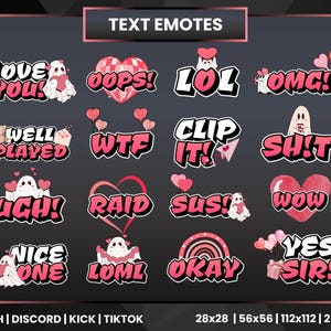 Op de afbeelding: Een set van 16 roze en witte Valentijnsdag-thema Twitch-emotes met verschillende zinnen zoals "Love You", "Oops", "LOL", "OMG", "Well Played", "WTF", "Clip It", "Sh*t", "Ugh", "Raid", "Sus", "Wow", "Nice One", "LOML", "Okay" en "Yes Sir".