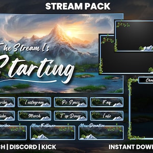 Può includere: Un pacchetto di streaming con uno sfondo di paesaggio montano. Il testo "The Stream Is Starting" è visualizzato in un font grande. Il pacchetto include una casella di chat, un avviso di nuovo abbonato, un avviso di nuovo follower, un avviso di nuova donazione e altri pannelli per i social media, il merchandising e altro.