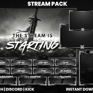 Peut inclure: Modèle de pack de diffusion en noir et blanc avec une épée et le texte "THE STREAM IS STARTING". Le pack comprend une boîte de chat, une alerte de nouveau abonné, une alerte de nouveau don, une alerte de nouveau follower et d'autres boutons de médias sociaux.