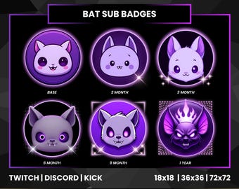 Bat Sub Badges for Twitch Discord Kick | Cute Purple Bat Stream Badges | Twitch Affiliate Sub Icons | 6 Tier Streamer Loyalty Rewards