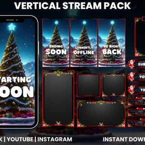 May include: A digital Christmas-themed streaming pack with a festive design. The pack includes animated overlays, screens, and buttons for platforms like YouTube and Twitch. The main screen features a Christmas tree with the text "Starting Soon."