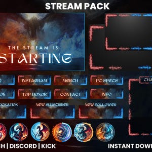 May include: A digital stream pack with a blue and red fire design. The pack includes a starting screen, chat box, and various buttons for social media, donations, and other information. The text "STREAM PACK" is at the top of the image. The text "THE STREAM IS STARTING" is in the centre of the image. The text "TWITCH | DISCORD | KICK" is at the bottom left of the image. The text "INSTANT DOWNLOAD" is at the bottom right of the image.