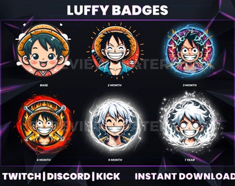 Luffy Badges | Twitch | Discord | Kick Sub Badges And Bit Badges | Twitch Badges | Crafted For Streamers. Includes A Set Of 6 Luffy Badges.
