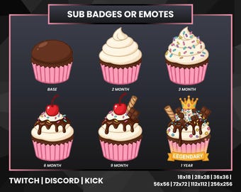 Cupcake Sub Badges | Cute Dessert Stream Badges for Twitch Discord Kick | Tier Loyalty Rewards | Streamer Asset Pack