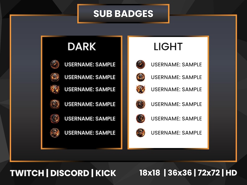 May include: A graphic showing two columns of Twitch sub badges, one with a dark background and one with a light background. Each column has the text "USERNAME: SAMPLE" repeated six times. The text at the bottom of the graphic reads "TWITCH | DISCORD | KICK 18x18 | 36x36 | 72x72 | HD".