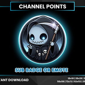Könnte beinhalten: Digitalgrafik eines Cartoon-Sensenmanns mit Sense, in einem kreisförmigen Rahmen. Der Text lautet "CHANNEL POINTS" und "SUB BADGE OR EMOTE". Der Hintergrund ist schwarz mit blauem Leuchten. Sofortiger Download verfügbar.