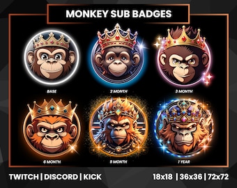 Crowned Monkey King Sub Badges | Twitch Badges | Bit Badges Twitch | Twitch Sub Badges | Monkey Badges | King Badges | Discord | Kick