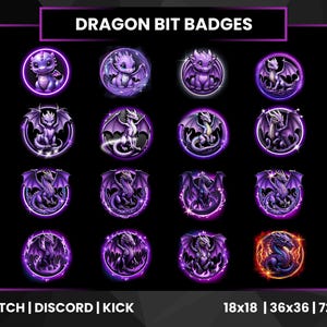 May include: A set of 18 purple dragon bit badges for Twitch, Discord, and Kick. The badges are in various sizes, including 18x18, 36x36, and 72x72 pixels.