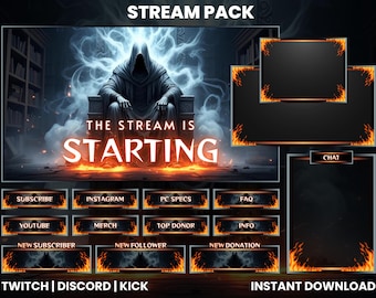 May include: A digital stream pack with a dark fantasy theme. The main graphic features a hooded figure with the text "THE STREAM IS STARTING". Includes overlay elements for chat, alerts, and social media links. The pack is designed for Twitch, Discord, and Kick.