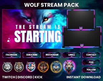 May include: Digital streaming pack with a wolf theme. The design features a wolf face with blue and red colors, and the text "THE STREAM IS STARTING". Includes social media buttons and streaming overlays.