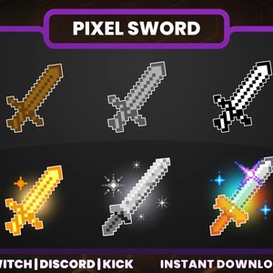 Puede incluir: Seis diseños de espadas de pixel art en diferentes colores y estilos. Las espadas son marrones, grises, blancas, doradas, plateadas y arcoíris con destellos morados y azules.