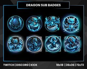 Blue Dragon Twitch Sub Badges Set | 8 Evolving Dragon Badges for Twitch Discord Kick | Gamer Streamer Loyalty Badge Pack
