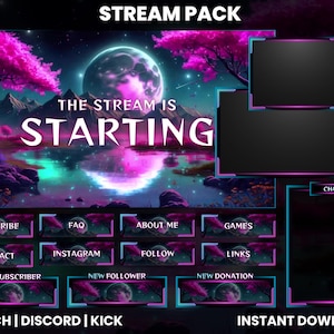 Peut inclure: Un pack de diffusion Twitch violet et bleu avec un arrière-plan fantastique représentant une lune et des arbres. Le texte "STREAM PACK" est en haut de l'image. Le texte "THE STREAM IS STARTING" est au centre de l'image. L'image comprend des boutons pour "S'abonner", "FAQ", "À propos de moi", "Jeux", "Contact", "Instagram", "Suivre", "Liens", "Nouvel abonné", "Nouveau follower" et "Nouveau don". Le texte "TWITCH | DISCORD | KICK" est en bas à gauche de l'image. Le texte "INSTANT DOWNLOAD" est en bas à droite de l'image.