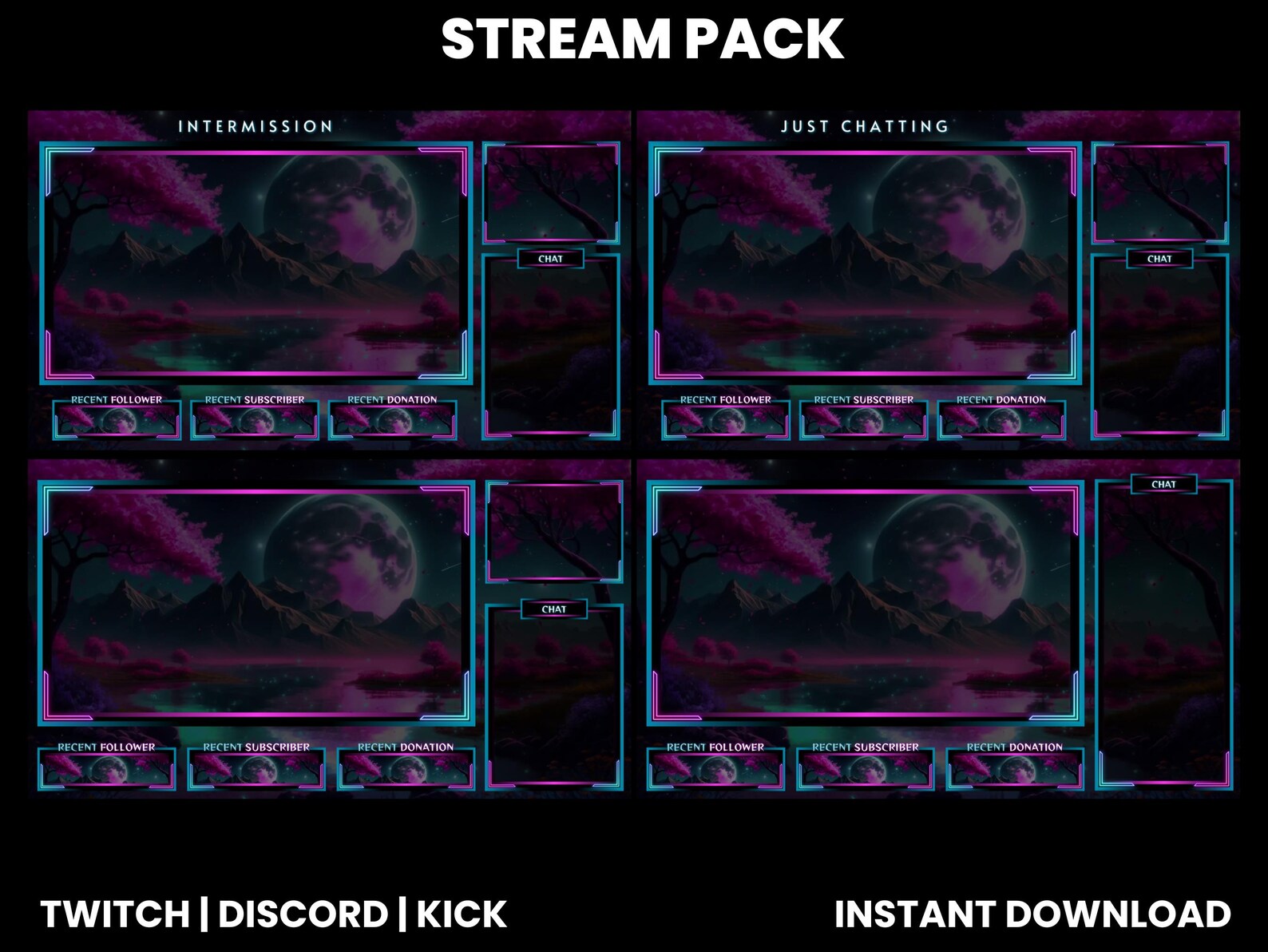 Moonlight Twitch Stream Pack With Animated Screens, Webcam Overlay ...