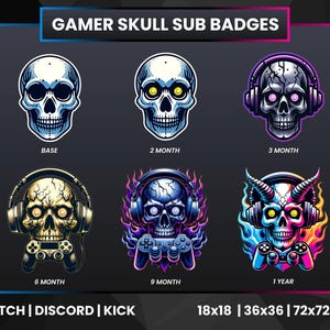 May include: A set of six gamer skull sub badges for Twitch, Discord, and Kick. The badges feature a skull with different colored eyes and headphones. The badges are labeled with the number of months of subscription required to earn them. The badges are 18x18, 36x36, and 72x72 pixels in size.