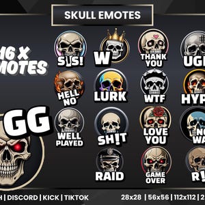 16 Skull Emotes for Twitch Discord YouTube Kick TikTok | Funny Gamer Chat Emojis | Stream Overlay Emote Pack