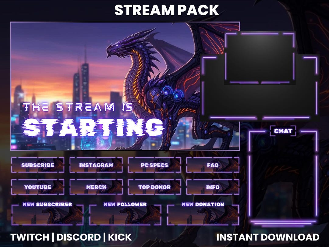 Neon Cyber Dragon Stream Pack – Twitch Overlays, Alerts, Panels ...