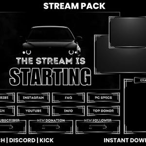 Peut inclure: Une conception graphique noir et blanc pour une superposition de flux Twitch. La superposition présente une voiture, le texte "THE STREAM IS STARTING" et des boutons pour s'abonner, Instagram, FAQ, spécifications PC, marchandise, YouTube, informations, meilleur donateur, nouveau abonné, nouveau don et nouveau follower. La superposition comprend également une boîte de discussion et le texte "TWITCH | DISCORD | KICK" et "INSTANT DOWNLOAD".