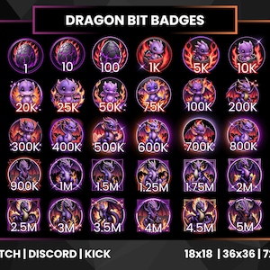 Könnte beinhalten: Eine Sammlung von Dragon-Bit-Badges für Twitch, Discord und Kick. Die Badges zeigen verschiedene Drachendesigns mit Zahlen, die Bit-Beträge angeben, von 1 bis 5M. Das Bild enthält Größen von 18x18, 36x36 und 72x72.