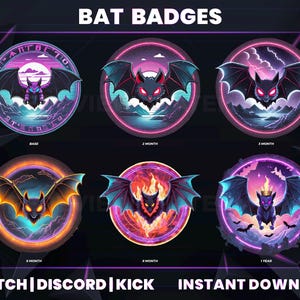 May include: Six different Twitch, Discord, and Kick badges featuring a purple bat with glowing red eyes. The badges are circular and have a neon glow. The text "BAT BADGES" is at the top of the image. The text "TWITCH | DISCORD | KICK" is at the bottom left of the image. The text "INSTANT DOWNLOAD" is at the bottom right of the image.