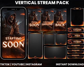 May include: A digital stream pack with a dark fantasy theme. The pack includes a phone screen with a skeleton warrior, overlay screens for "Ending Soon", "Currently Offline", and "Be Right Back", and social media buttons. The text "Starting Soon" is visible.