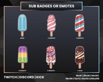 Ice Cream Popsicle Twitch Sub Badges | Cute Stream Emotes for Twitch, Discord & Kick | Streamer Loyalty Badges Pack