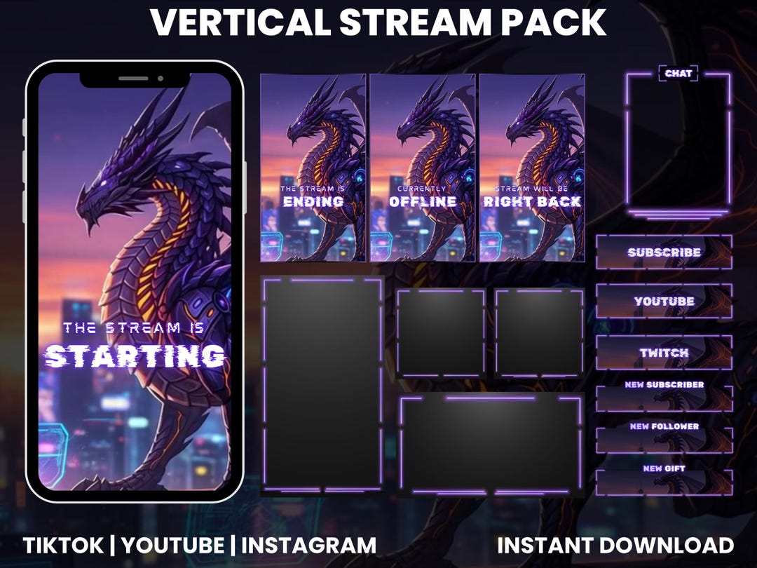 Cyberpunk Dragon Vertical Stream Pack | Neon Twitch Overlay | Tiktok ...