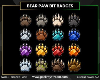 Bear Paw Bit Badges, Twitch Bit Badges, Animal Stream Badges, Gaming Badges, Kick Discord Stream Graphics, Fantasy Paw Badges