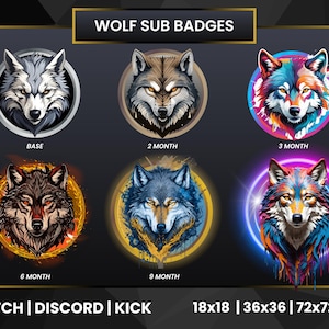 Könnte beinhalten: Ein Satz von sechs Twitch-Abo-Abzeichen mit Wolf-Motiv. Die Abzeichen zeigen einen Wolfskopf in verschiedenen Stilen, darunter ein Basisdesign, ein 2-Monats-Design, ein 3-Monats-Design, ein 6-Monats-Design, ein 9-Monats-Design und ein HD-Design. Die Abzeichen sind in verschiedenen Größen erhältlich, darunter 18x18, 36x36 und 72x72 Pixel.