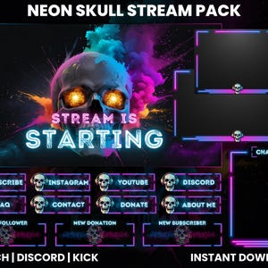 Peut inclure: Pack de streaming crâne néon pour Twitch, Discord et Kick. Le pack comprend un écran de démarrage, une boîte de chat et divers boutons pour s'abonner, faire un don, etc.
