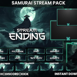 Op de afbeelding: Een groen en zwart digitaal stream overlay-pakket met een silhouet van een samoerai-krijger en een maan op de achtergrond. De tekst "STREAM ENDING" staat in het midden van de overlay. De overlay bevat knoppen voor volgen, abonneren, links, winkel, verlanglijst, weggeven, website, nieuwe abonnee, nieuwe volger en nieuwe donatie. De overlay bevat ook een chatbox en een ruimte voor een webcam.