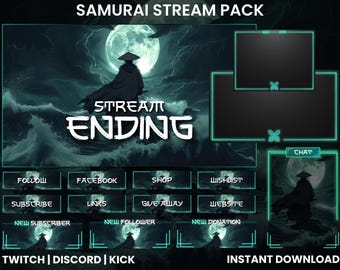 May include: A green and black digital stream overlay pack with a samurai warrior silhouette and a moon in the background. The text "STREAM ENDING" is in the center of the overlay. The overlay includes buttons for follow, subscribe, links, shop, wishlist, give away, website, new subscriber, new follower, and new donation. The overlay also includes a chat box and a space for a webcam.