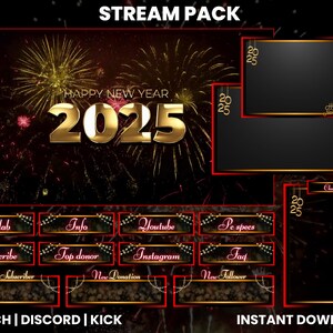 Puede incluir: Un paquete de transmisión de Twitch con temática de Nochevieja con fondo negro y fuegos artificiales dorados. El paquete incluye una pancarta con el texto "HAPPY NEW YEAR 2025", un cuadro de chat y varios paneles para diferentes elementos de transmisión, como "Collab", "Info", "Youtube", "Pe specs", "Subscribe", "Top donor", "Instagram", "Faq", "New Subscriber", "New Donation" y "New Follower".